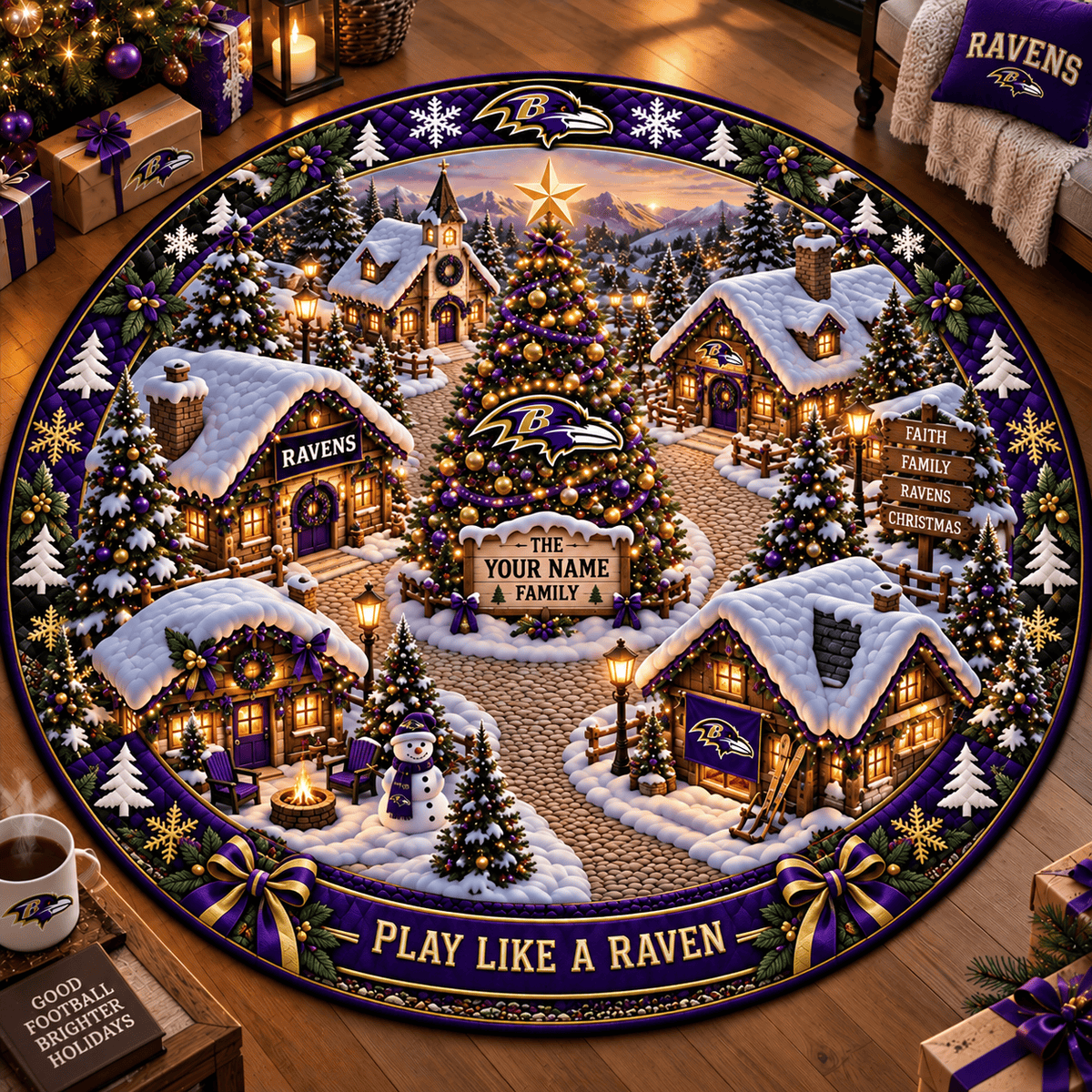 Baltimore Ravens NFL Personalized Christmas Round Rug – Custom Family Name