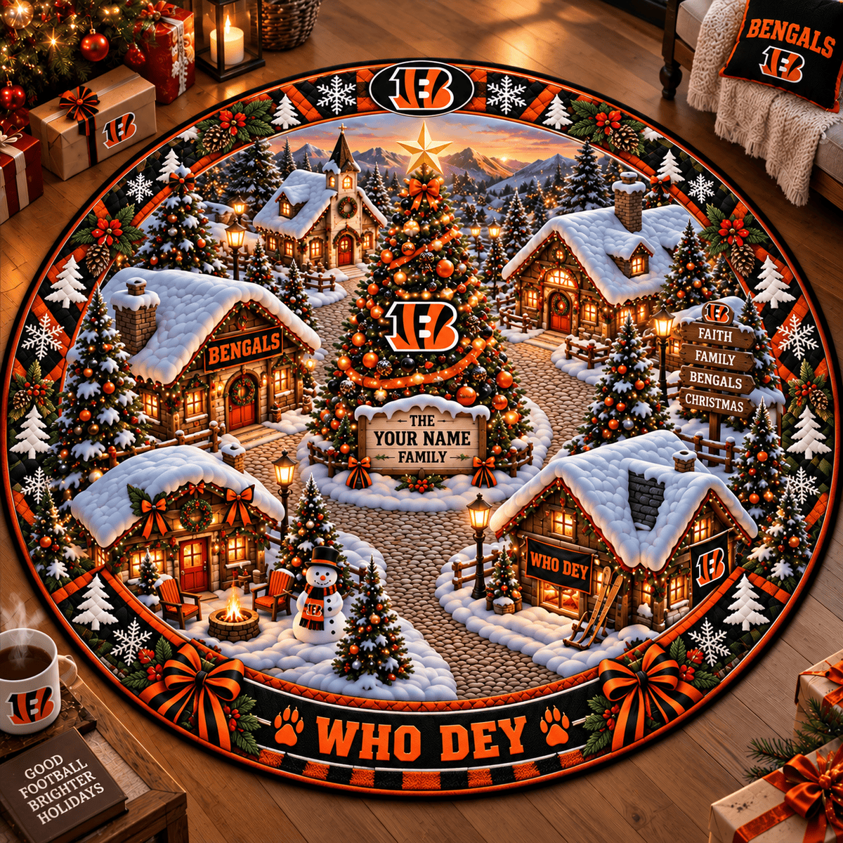 Cincinnati Bengals NFL Personalized Christmas Round Rug – Custom Family Name