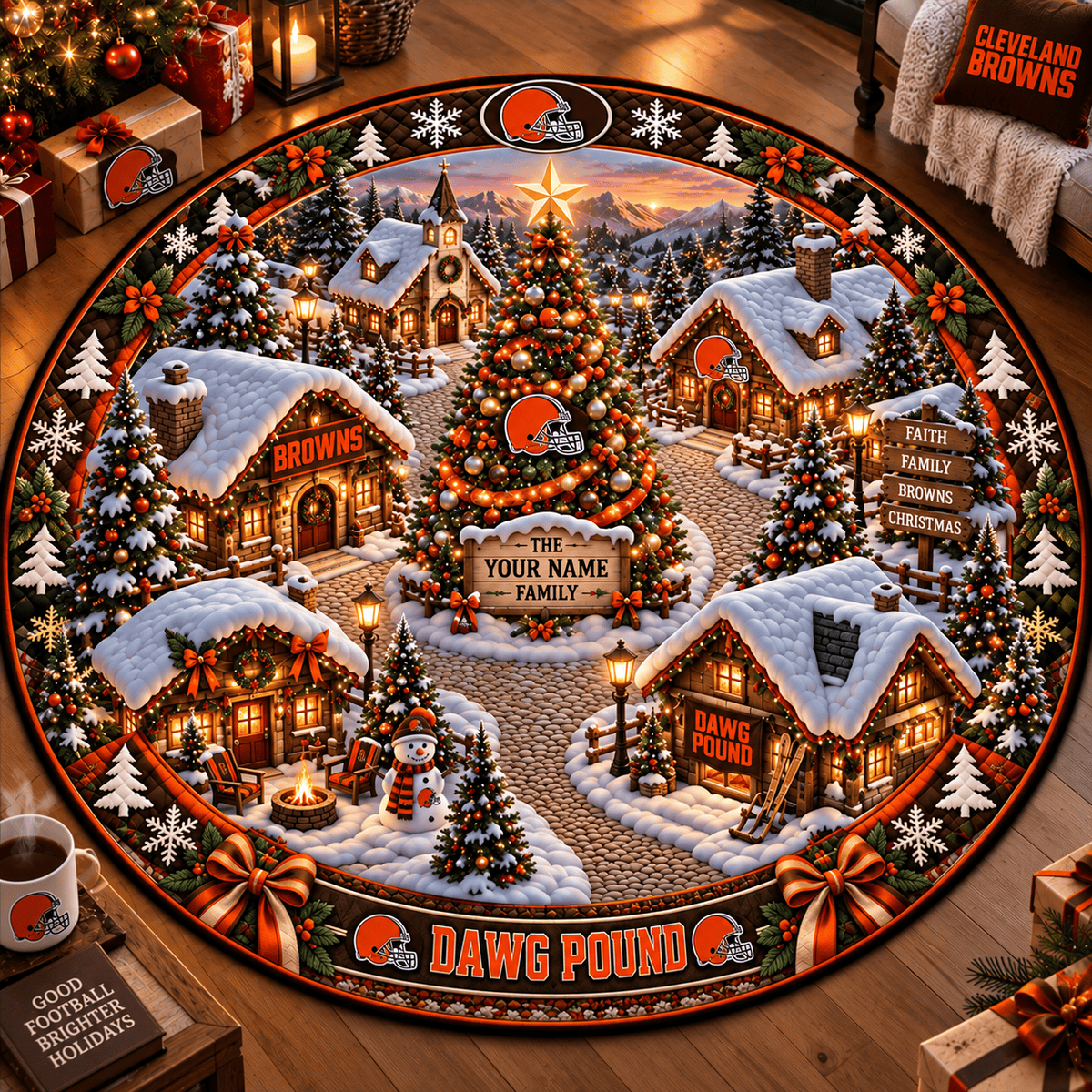 Cleveland Browns NFL Personalized Christmas Round Rug – Custom Family Name