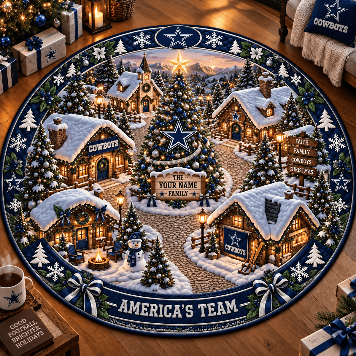Dallas Cowboys NFL Personalized Christmas Round Rug – Custom Family Name