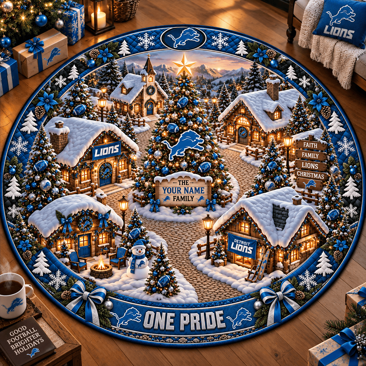 Detroit Lions NFL Personalized Christmas Round Rug – Custom Family Name