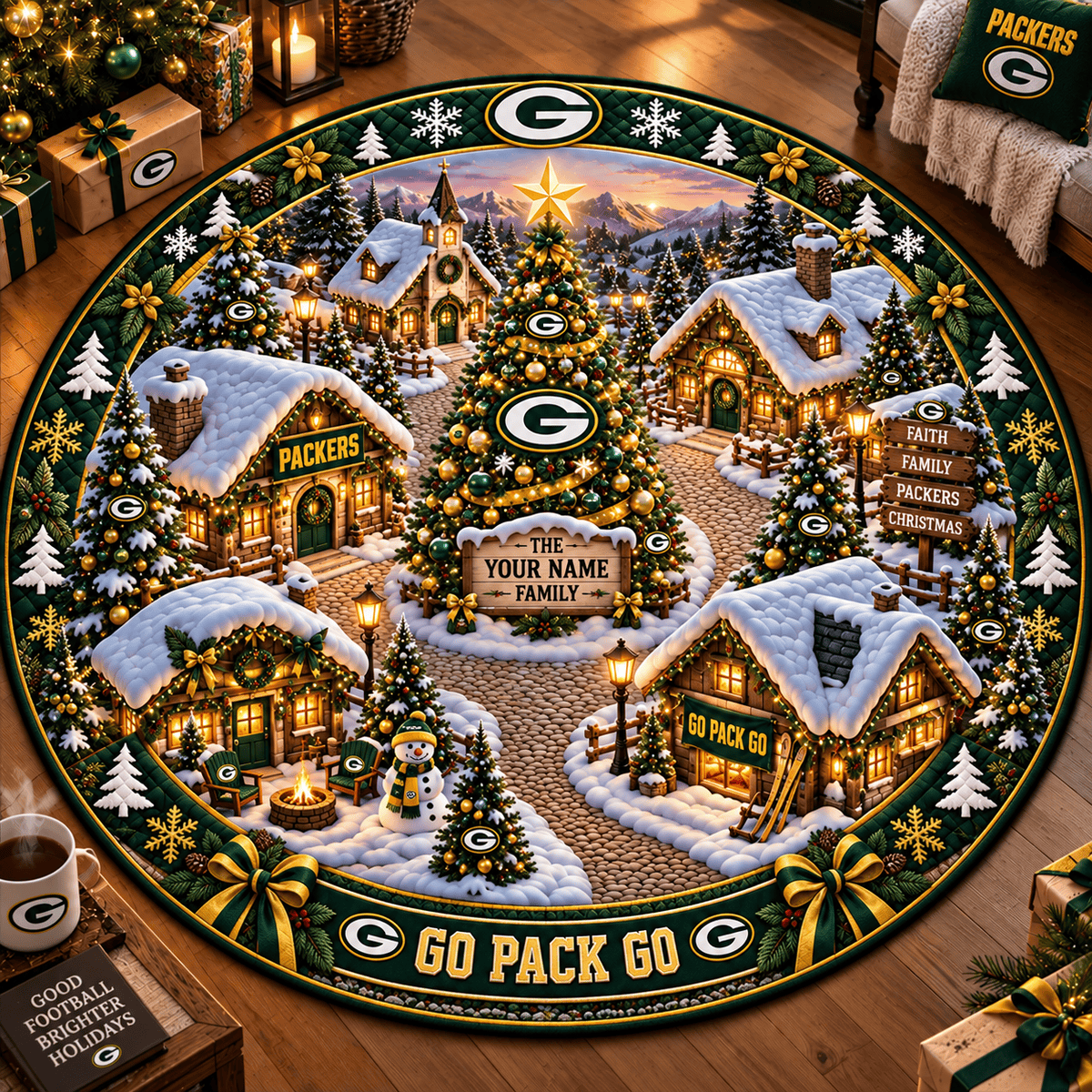 Green Bay Packers NFL Personalized Christmas Round Rug – Custom Family Name