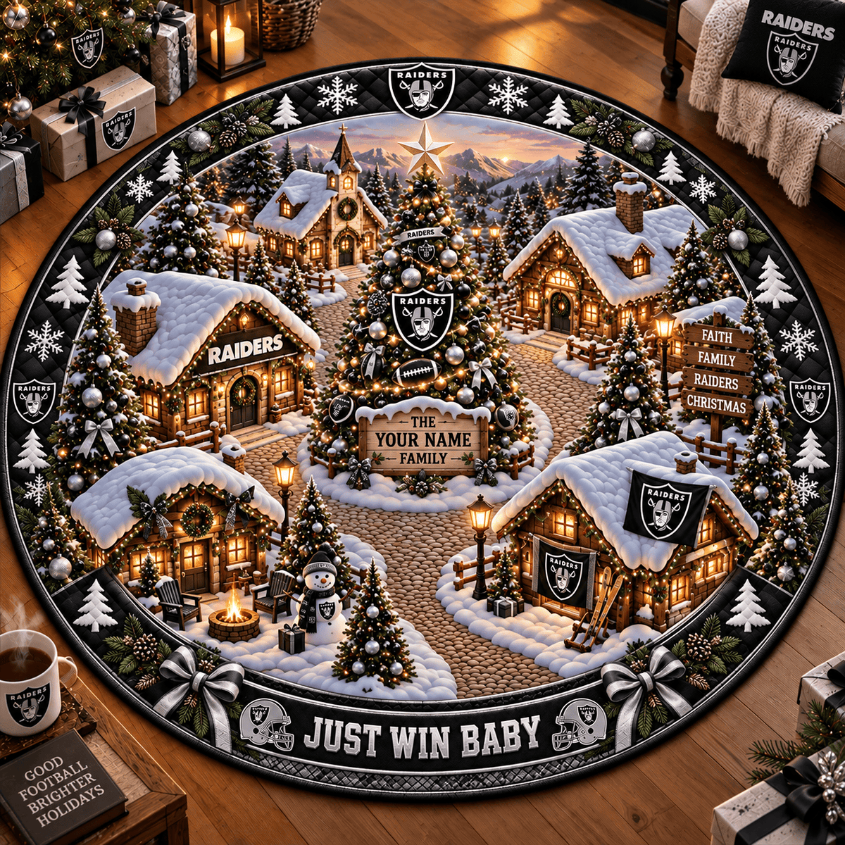 Las Vegas Raiders NFL Personalized Christmas Round Rug – Custom Family Name