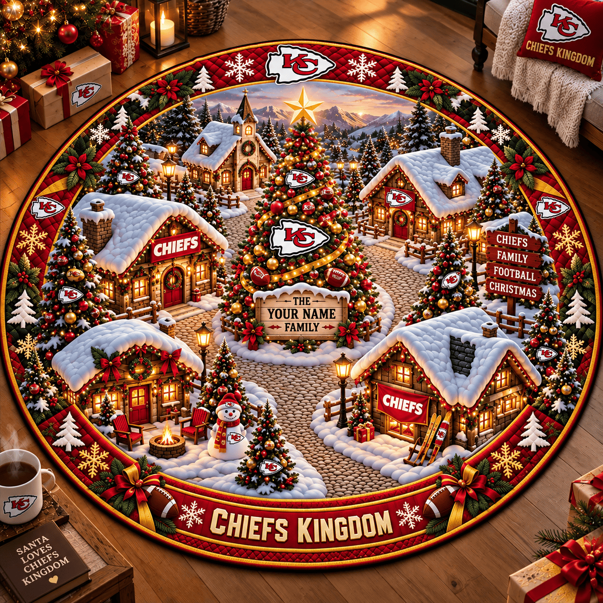 Kansas City Chiefs NFL Personalized Christmas Round Rug – Custom Family Name