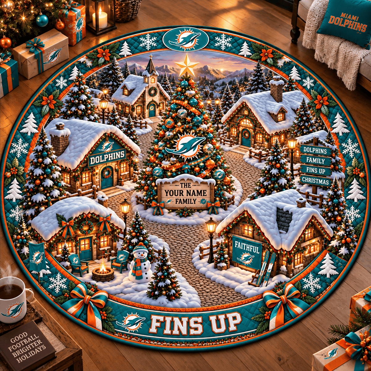 Miami Dolphins NFL Personalized Christmas Round Rug – Custom Family Name