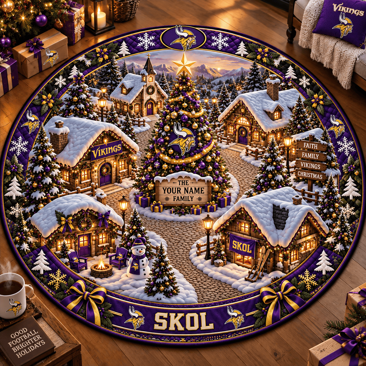 Minnesota Vikings NFL Personalized Christmas Round Rug – Custom Family Name