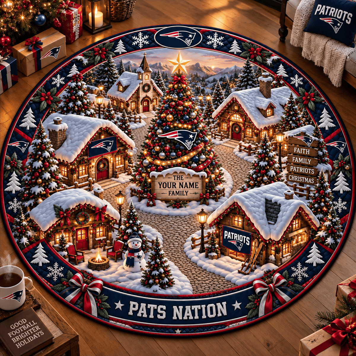 New England Patriots NFL Personalized Christmas Round Rug – Custom Family Name