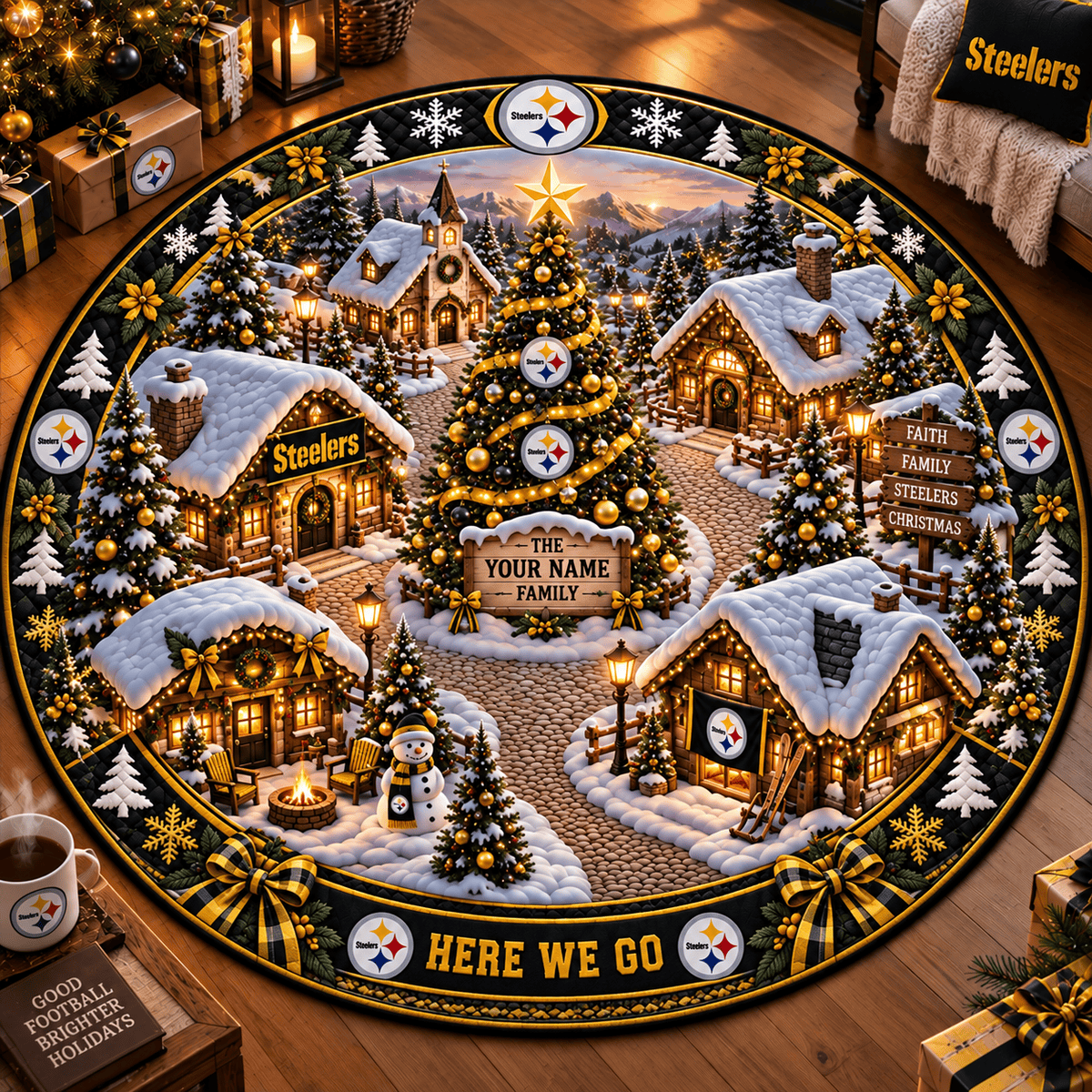 Pittsburgh Steelers NFL Personalized Christmas Round Rug – Custom Family Name