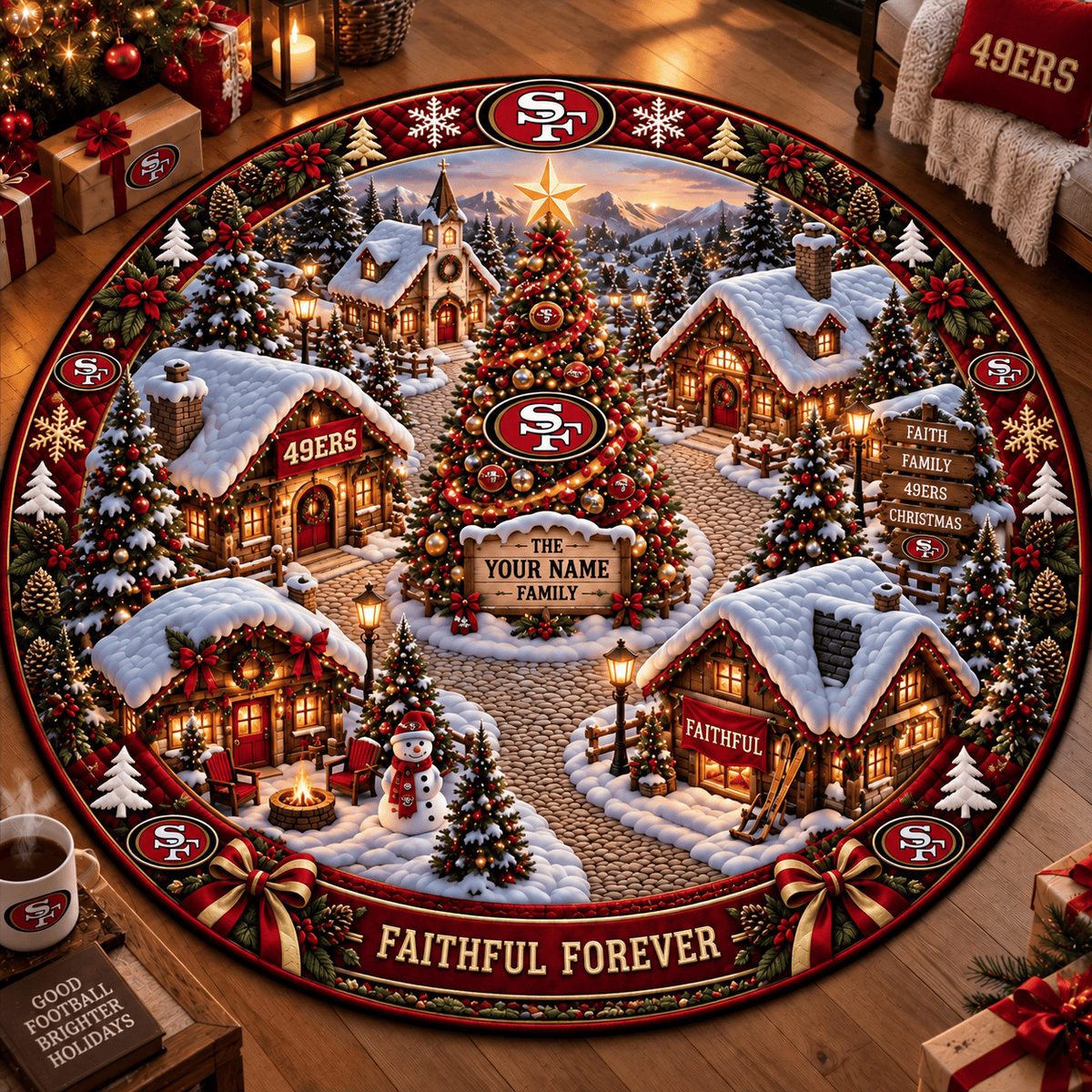 San Francisco 49ers NFL Personalized Christmas Round Rug – Custom Family Name