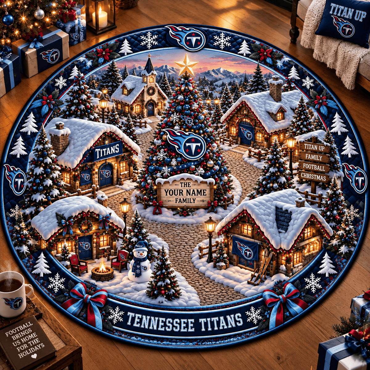 Tennessee Titans NFL Personalized Christmas Round Rug – Custom Family Name