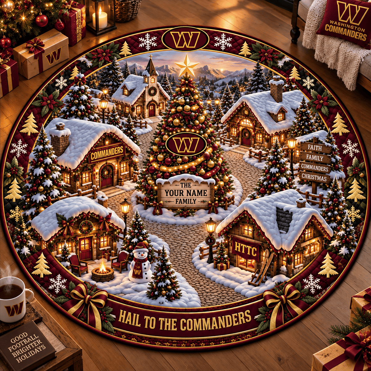 Washington Commanders NFL Personalized Christmas Round Rug – Custom Family Name