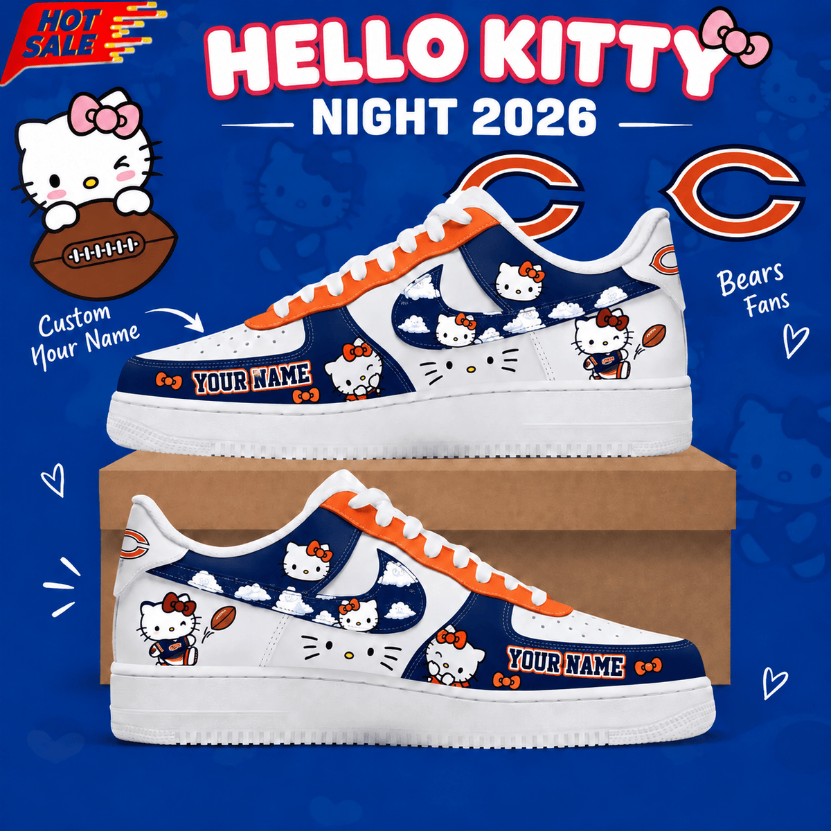 Chicago Bears NFL x Hello Kitty Custom Name Low Top Sneakers