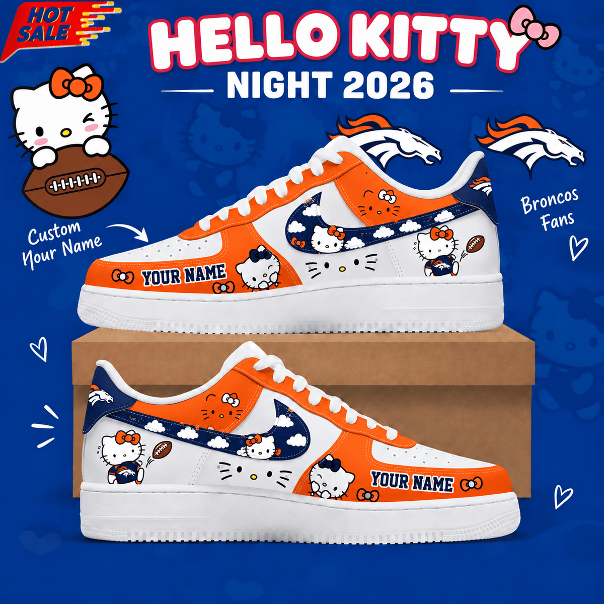 Denver Broncos NFL x Hello Kitty Custom Name Low Top Sneakers