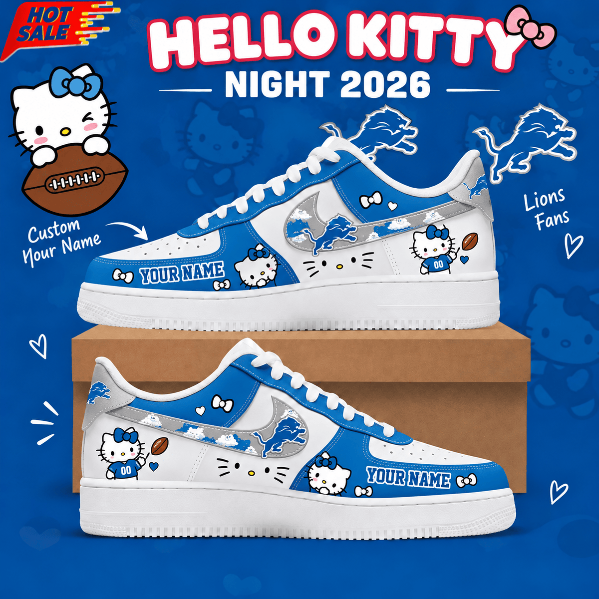Detroit Lions NFL x Hello Kitty Custom Name Low Top Sneakers