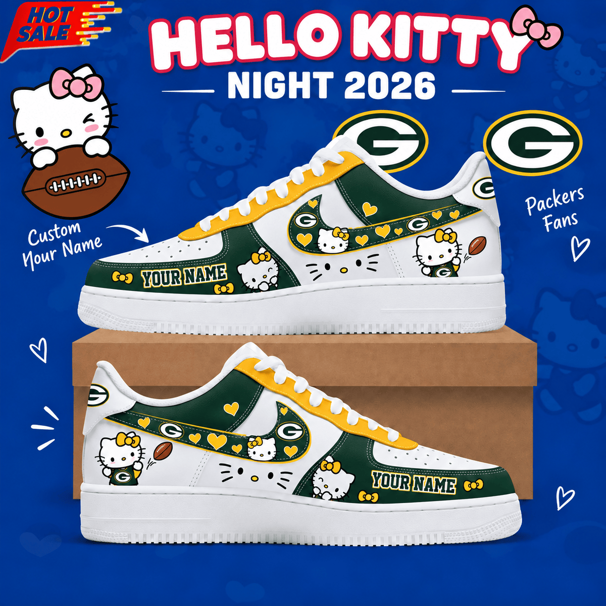 Green Bay Packers NFL x Hello Kitty Custom Name Low Top Sneakers