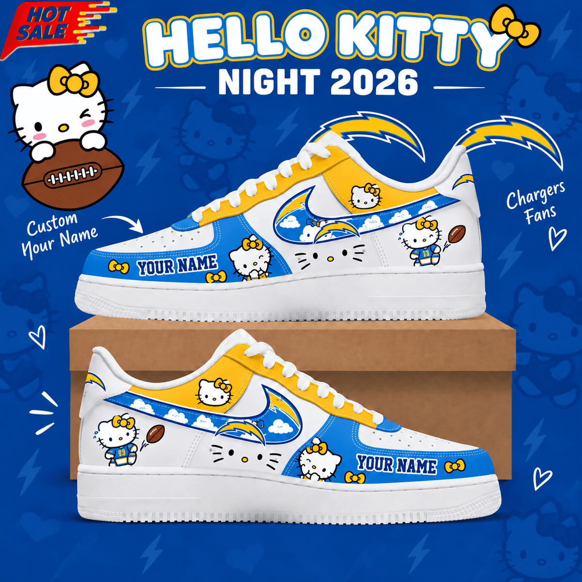 Los Angeles Chargers NFL x Hello Kitty Custom Name Low Top Sneakers