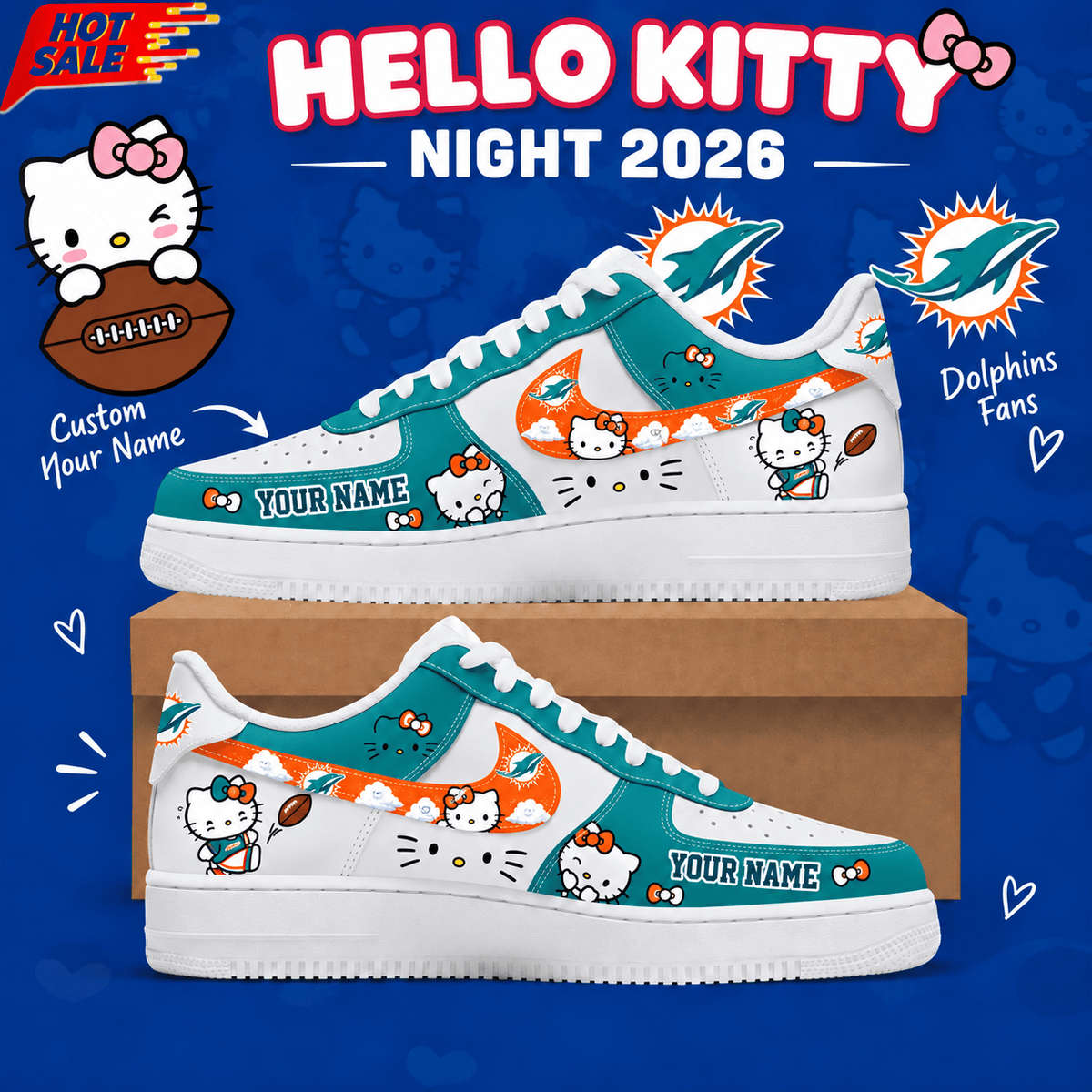Miami Dolphins NFL x Hello Kitty Custom Name Low Top Sneakers