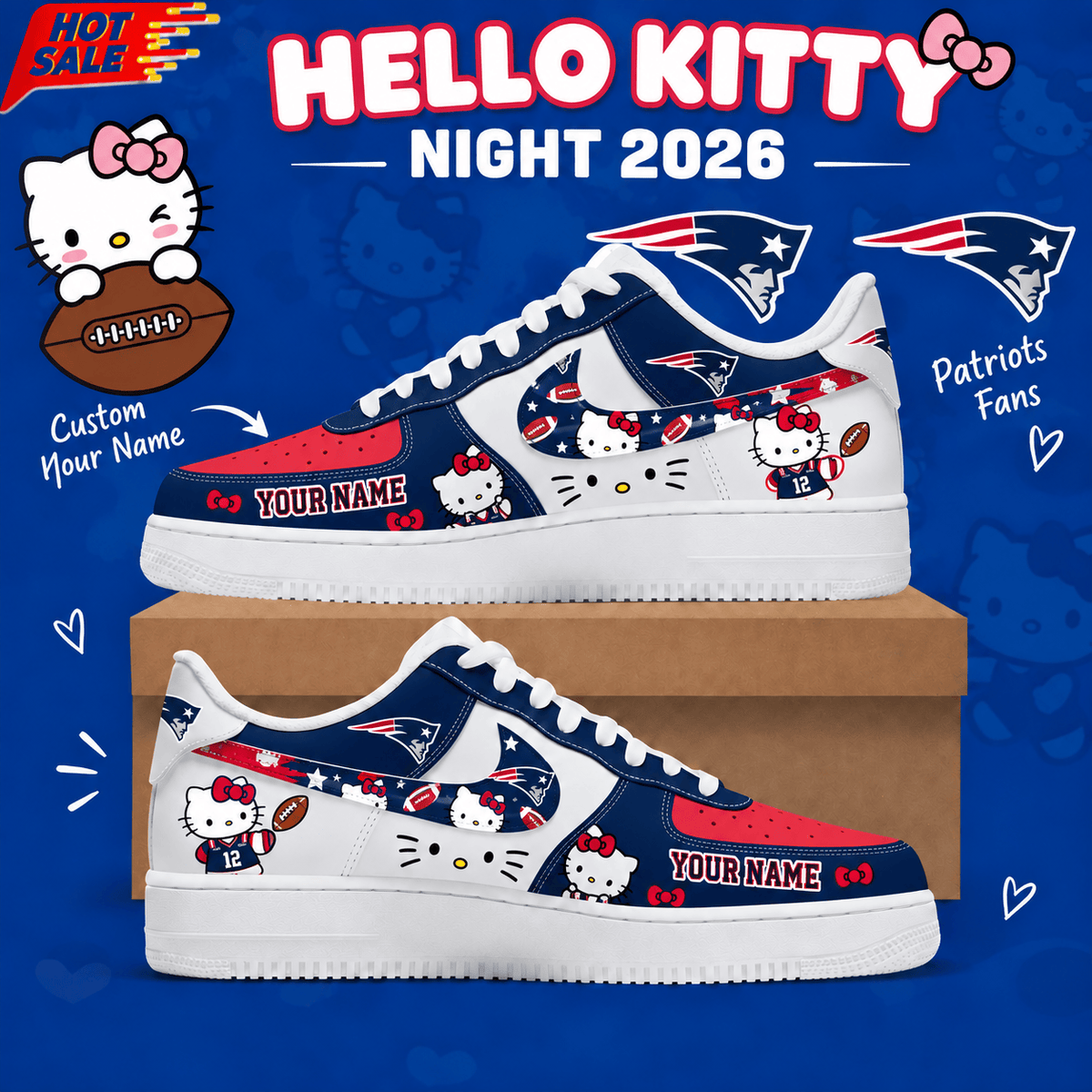 New England Patriots NFL x Hello Kitty Custom Name Low Top Sneakers