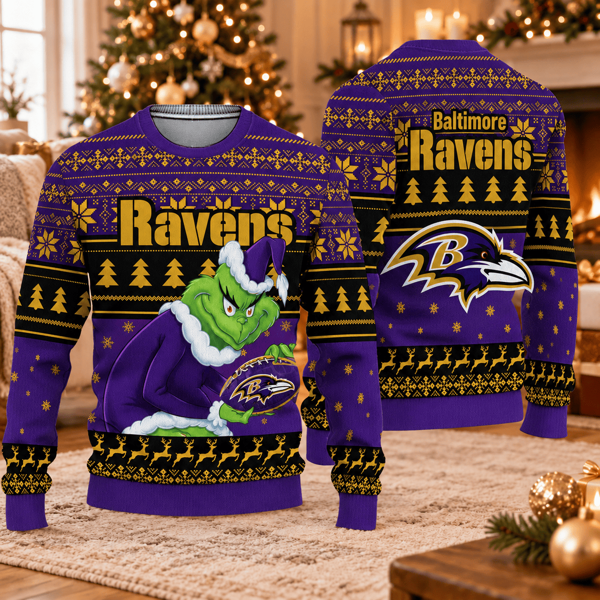 Baltimore Ravens x Grinch Christmas Ugly Sweater – NFL Football Holiday Sweatshirt, Christmas Gift for Fans