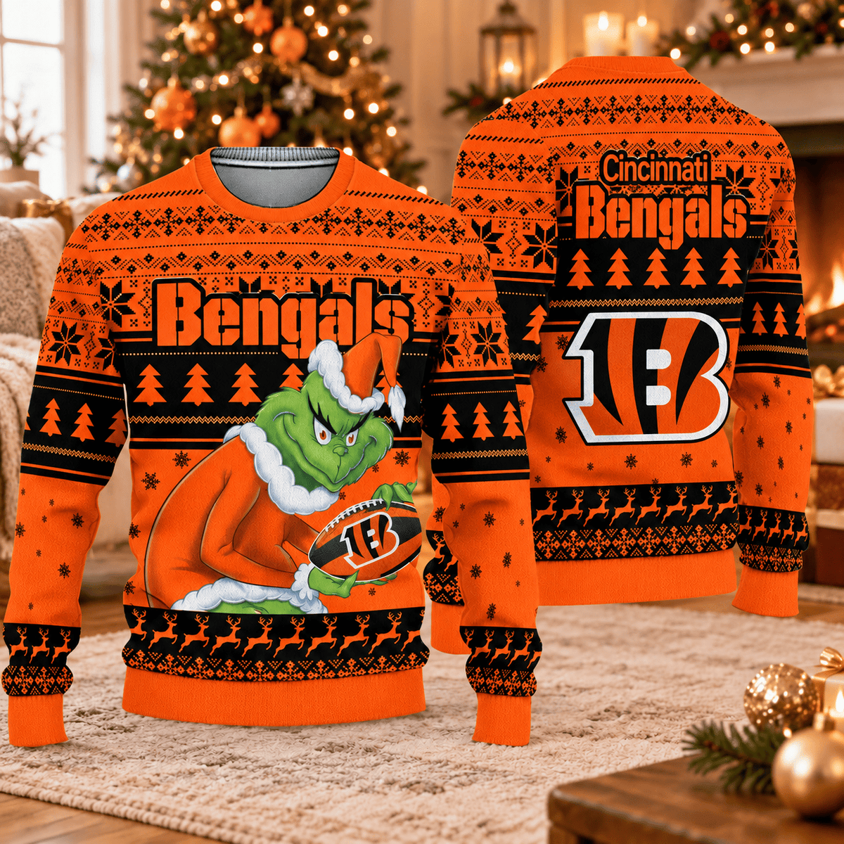 Cincinnati Bengals x Grinch Christmas Ugly Sweater – NFL Football Holiday Sweatshirt, Christmas Gift for Fans