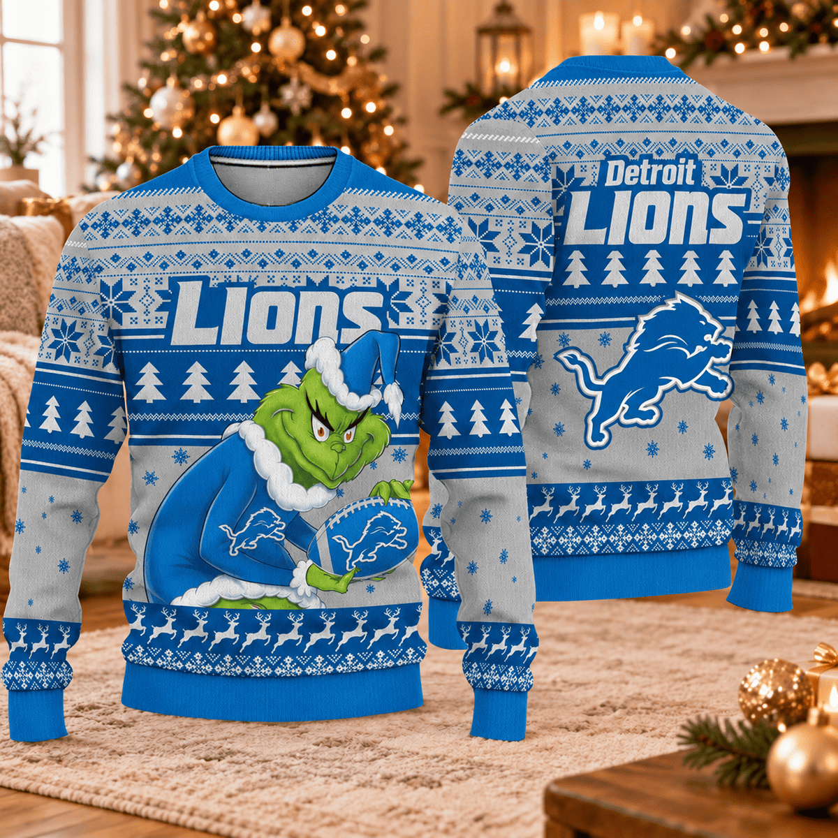 Detroit Lions x Grinch Christmas Ugly Sweater – NFL Football Holiday Sweatshirt, Christmas Gift for Fans
