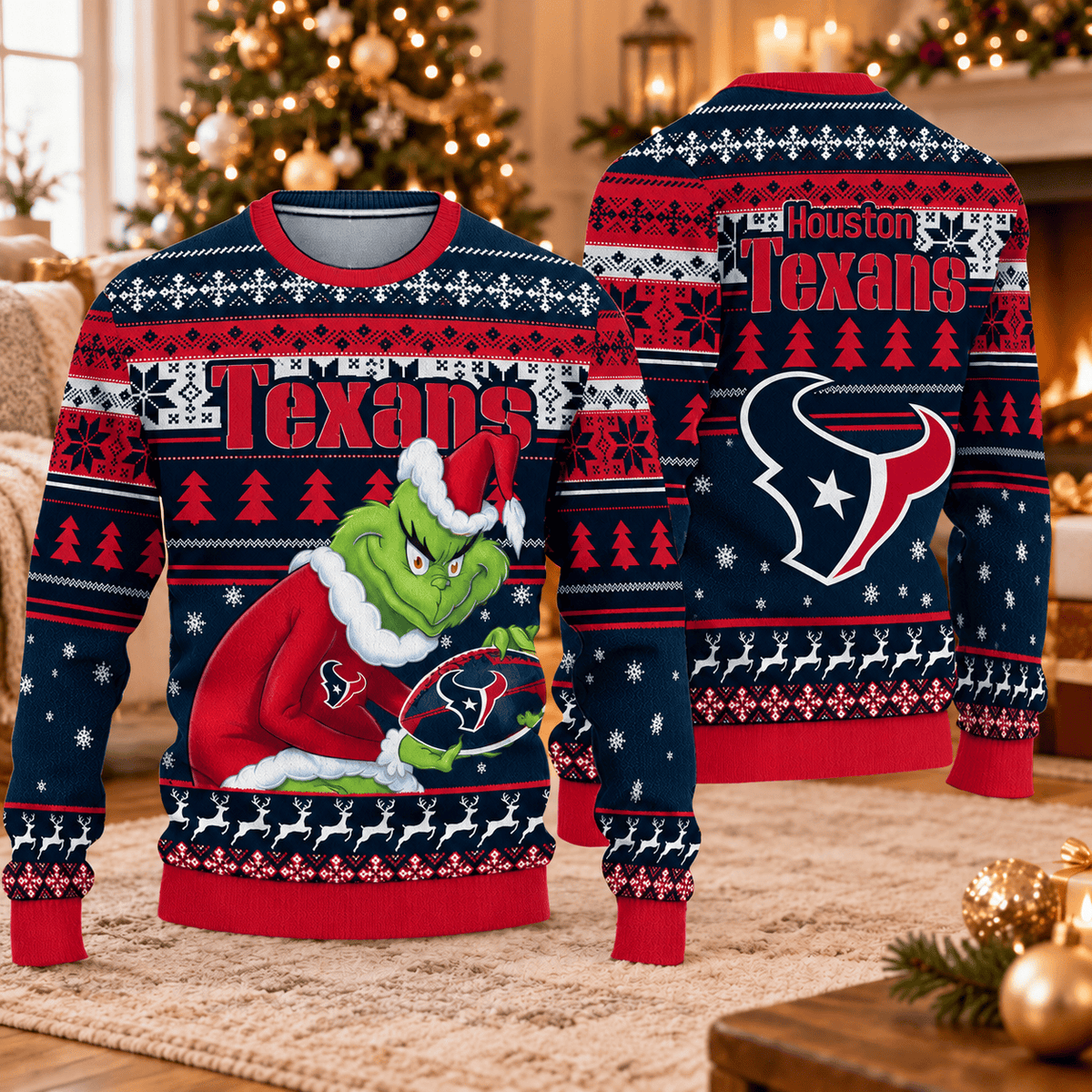 Houston Texans x Grinch Christmas Ugly Sweater – NFL Football Holiday Sweatshirt, Christmas Gift for Fans