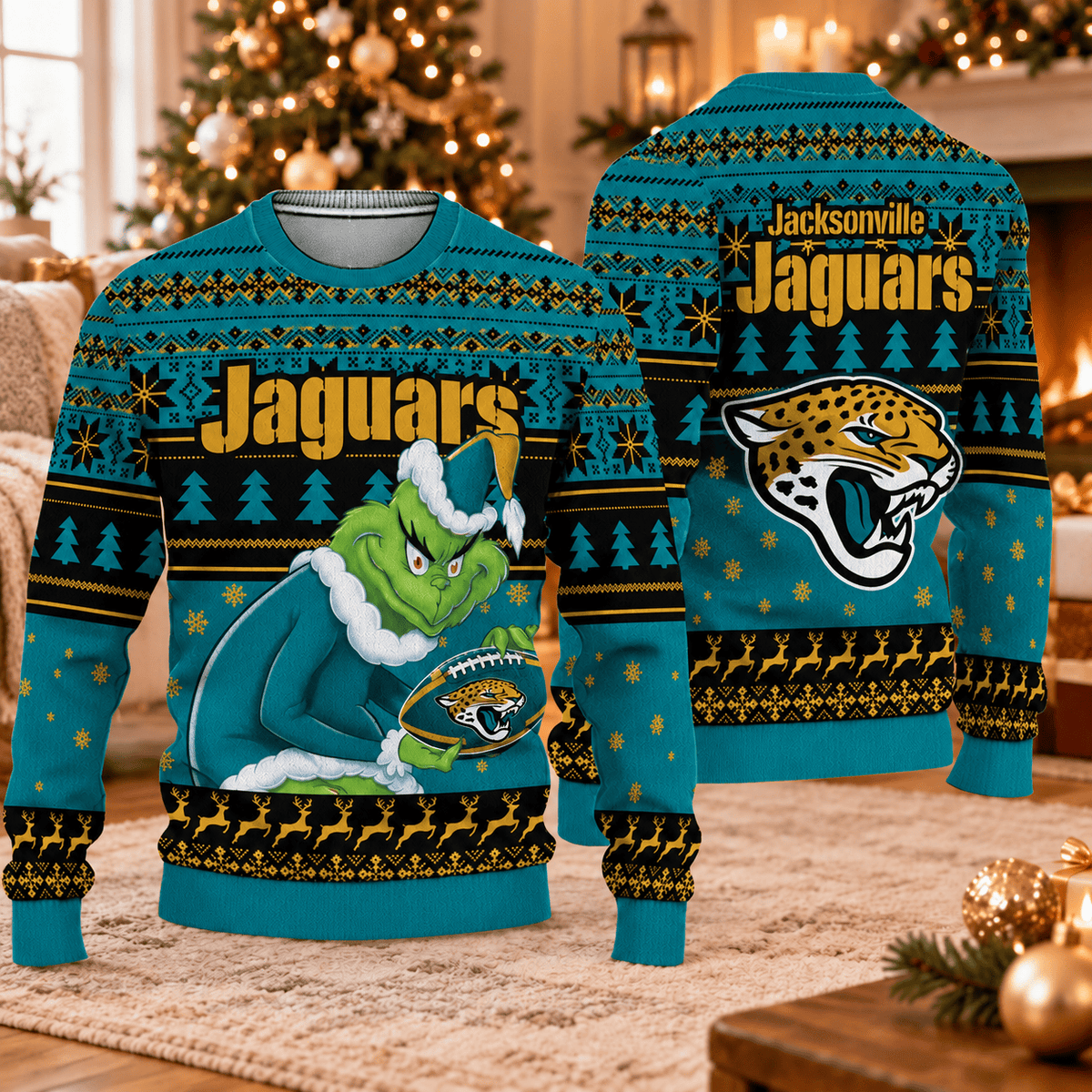Jacksonville Jaguars x Grinch Christmas Ugly Sweater – NFL Football Holiday Sweatshirt, Christmas Gift for Fans