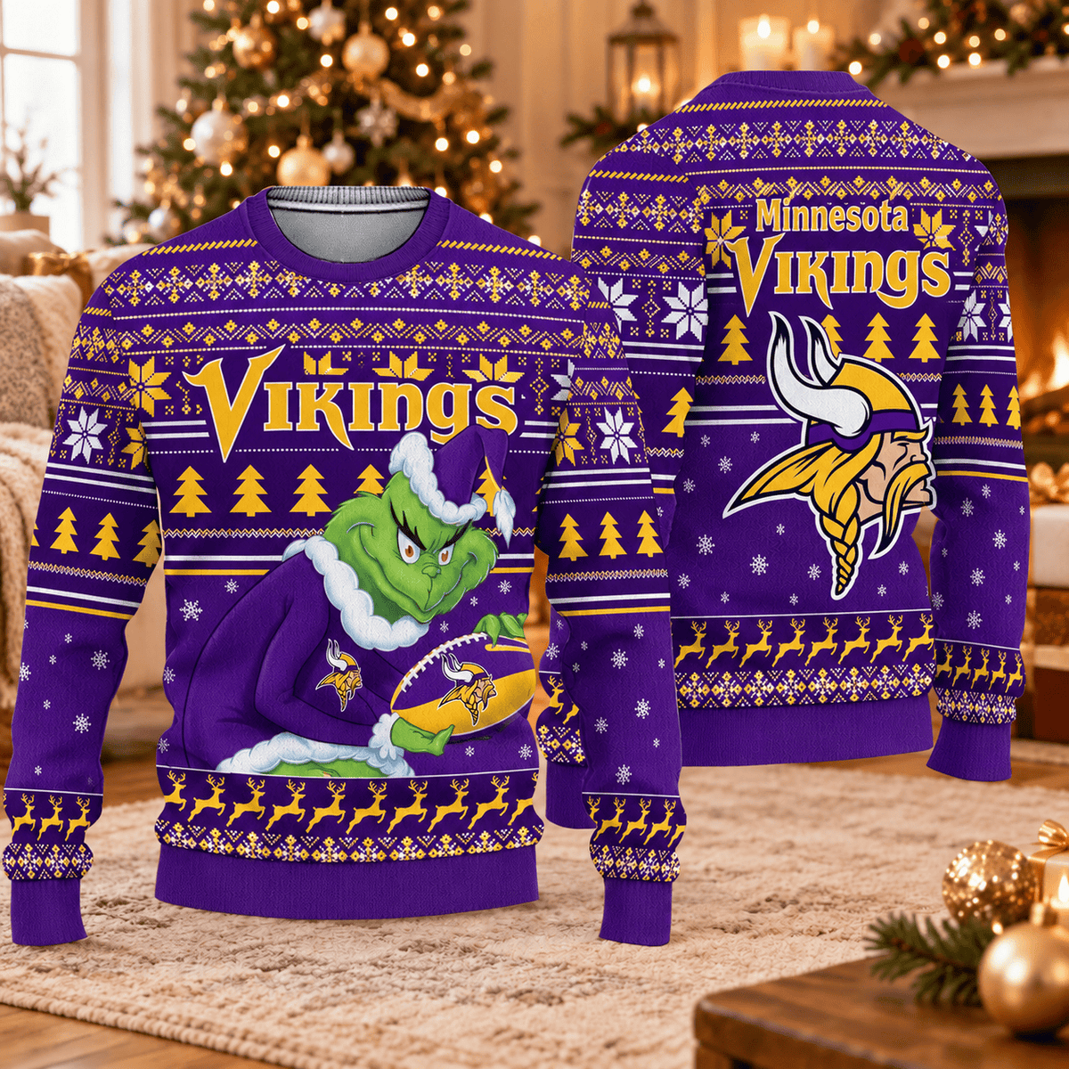 Minnesota Vikings x Grinch Christmas Ugly Sweater – NFL Football Holiday Sweatshirt, Christmas Gift for Fans