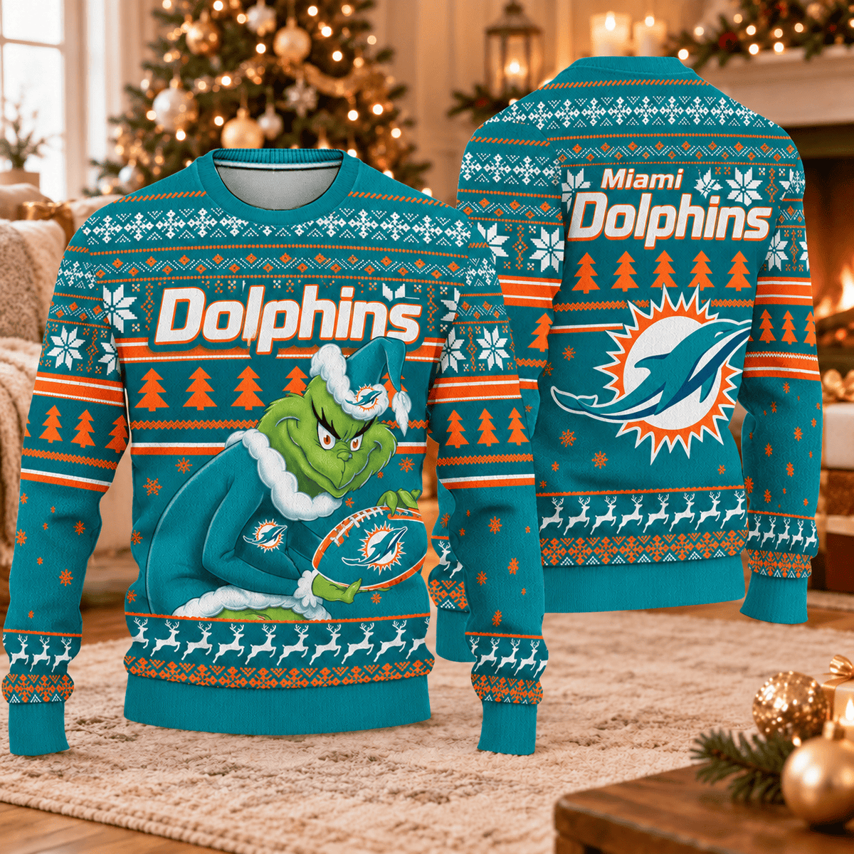 Miami Dolphins x Grinch Christmas Ugly Sweater – NFL Football Holiday Sweatshirt, Christmas Gift for Fans