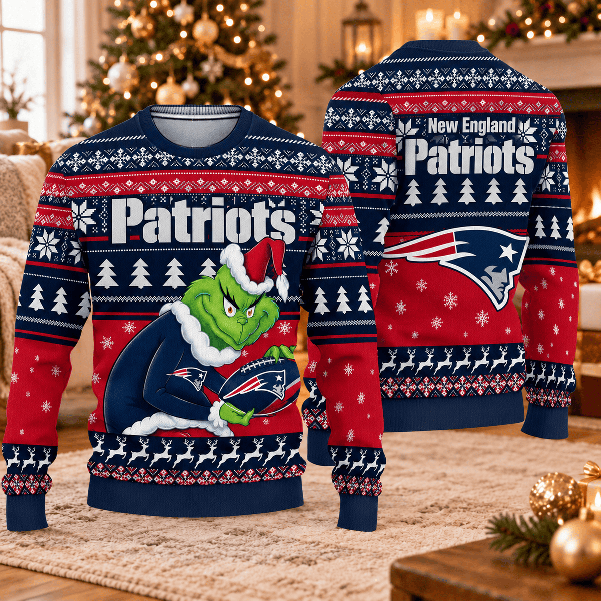 New England Patriots x Grinch Christmas Ugly Sweater – NFL Football Holiday Sweatshirt, Christmas Gift for Fans