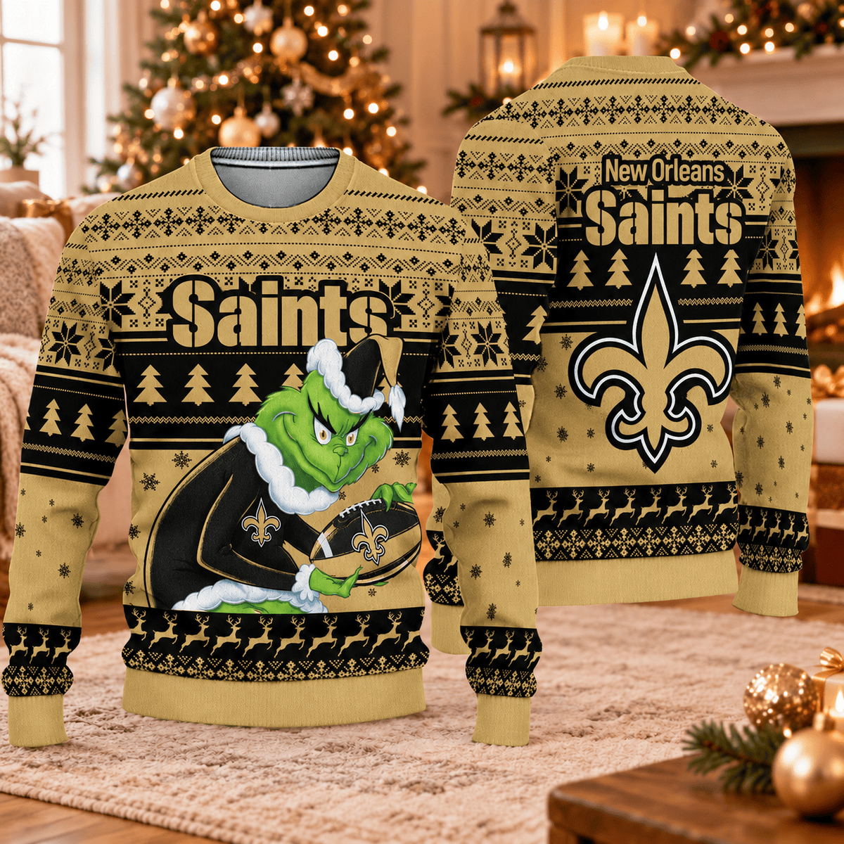 New Orleans Saints x Grinch Christmas Ugly Sweater – NFL Football Holiday Sweatshirt, Christmas Gift for Fans
