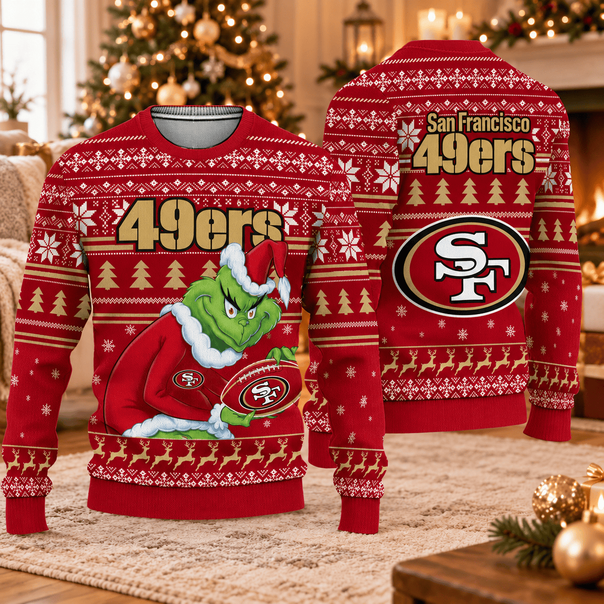 San Francisco 49ers x Grinch Christmas Ugly Sweater – NFL Football Holiday Sweatshirt, Christmas Gift for Fans