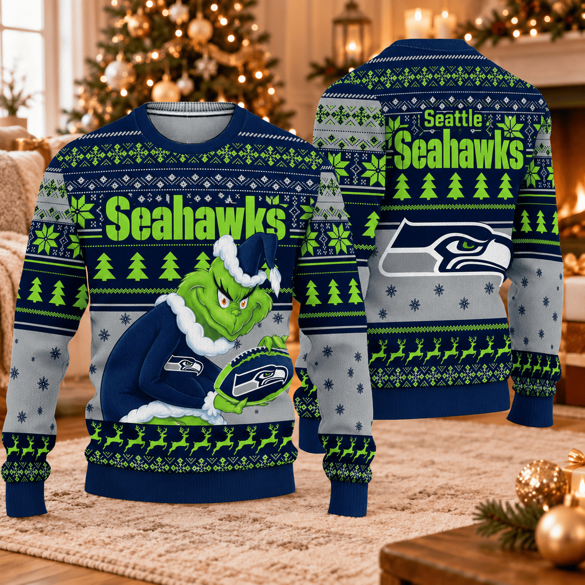 Seattle Seahawks x Grinch Christmas Ugly Sweater – NFL Football Holiday Sweatshirt, Christmas Gift for Fans