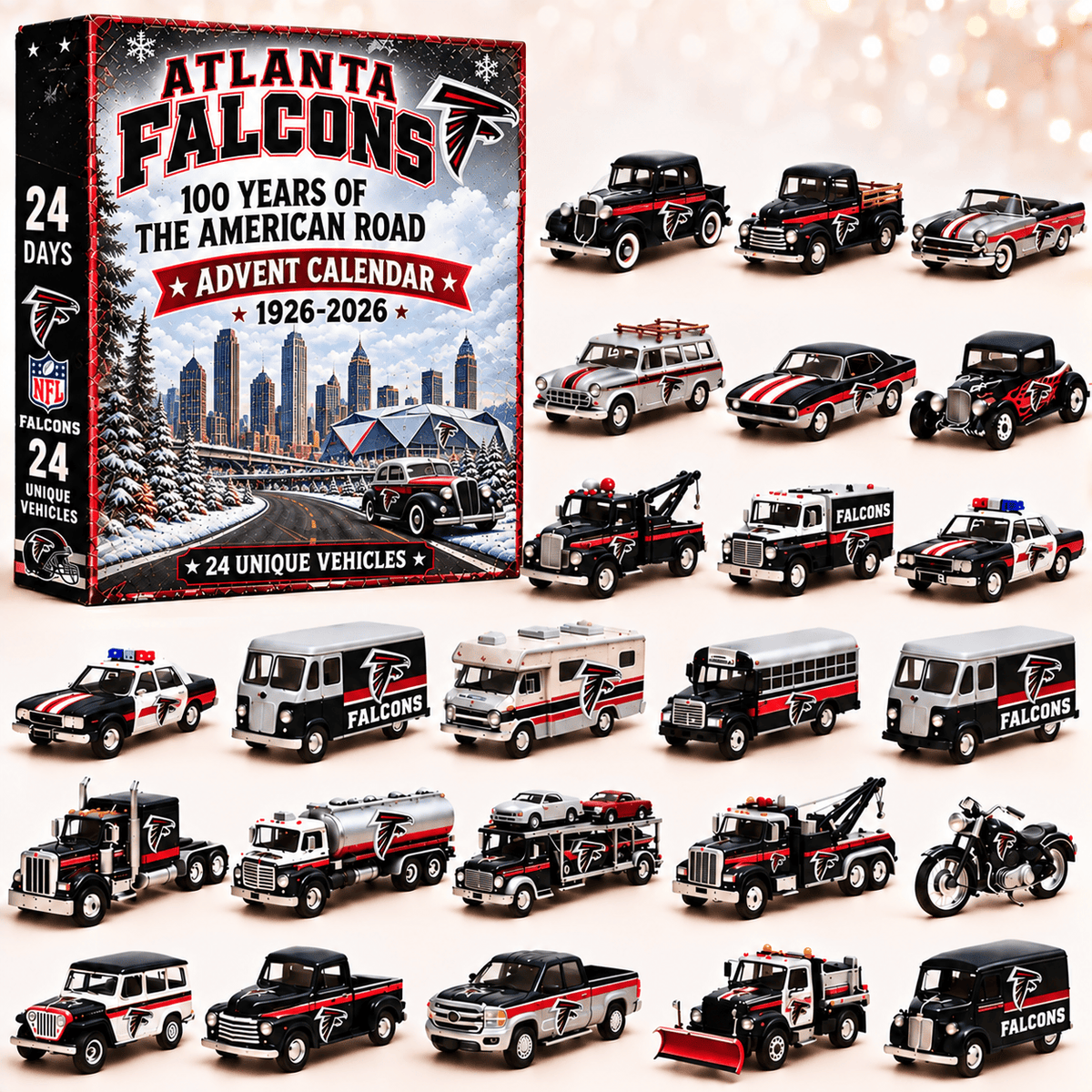 Atlanta Falcons NFL 2026 Advent Calendar – 100 Years of the American Road, 24 Collectible Vehicles, Christmas Gift for Football Fans