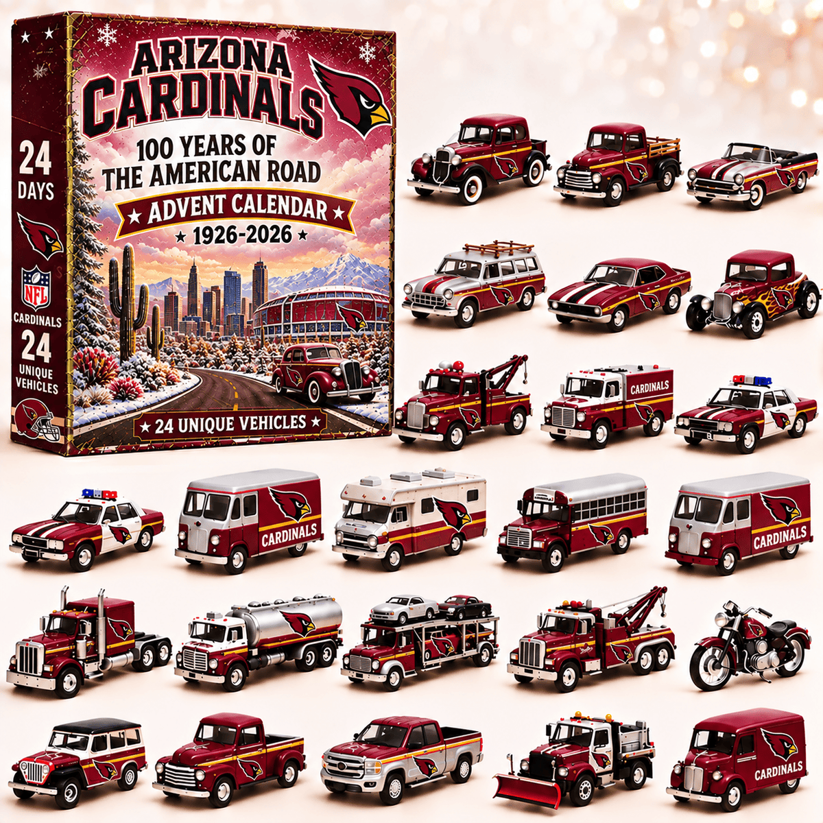 Arizona Cardinals NFL 2026 Advent Calendar – 100 Years of the American Road, 24 Collectible Vehicles, Christmas Gift for Football Fans