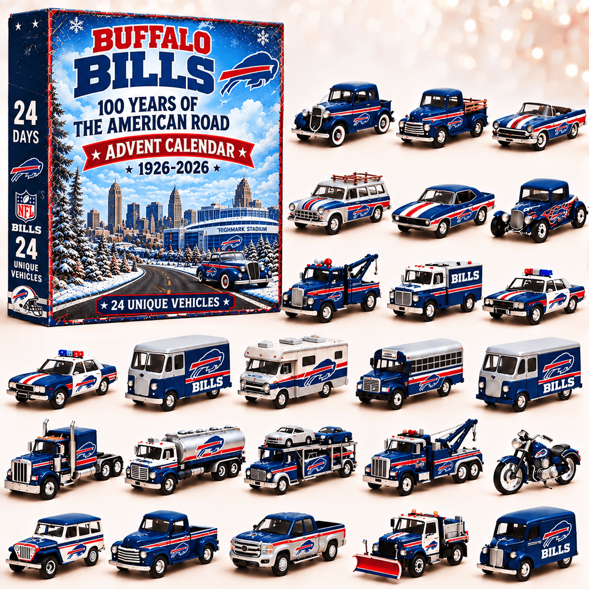 Buffalo Bills NFL 2026 Advent Calendar – 100 Years of the American Road, 24 Collectible Vehicles, Christmas Gift for Football Fans