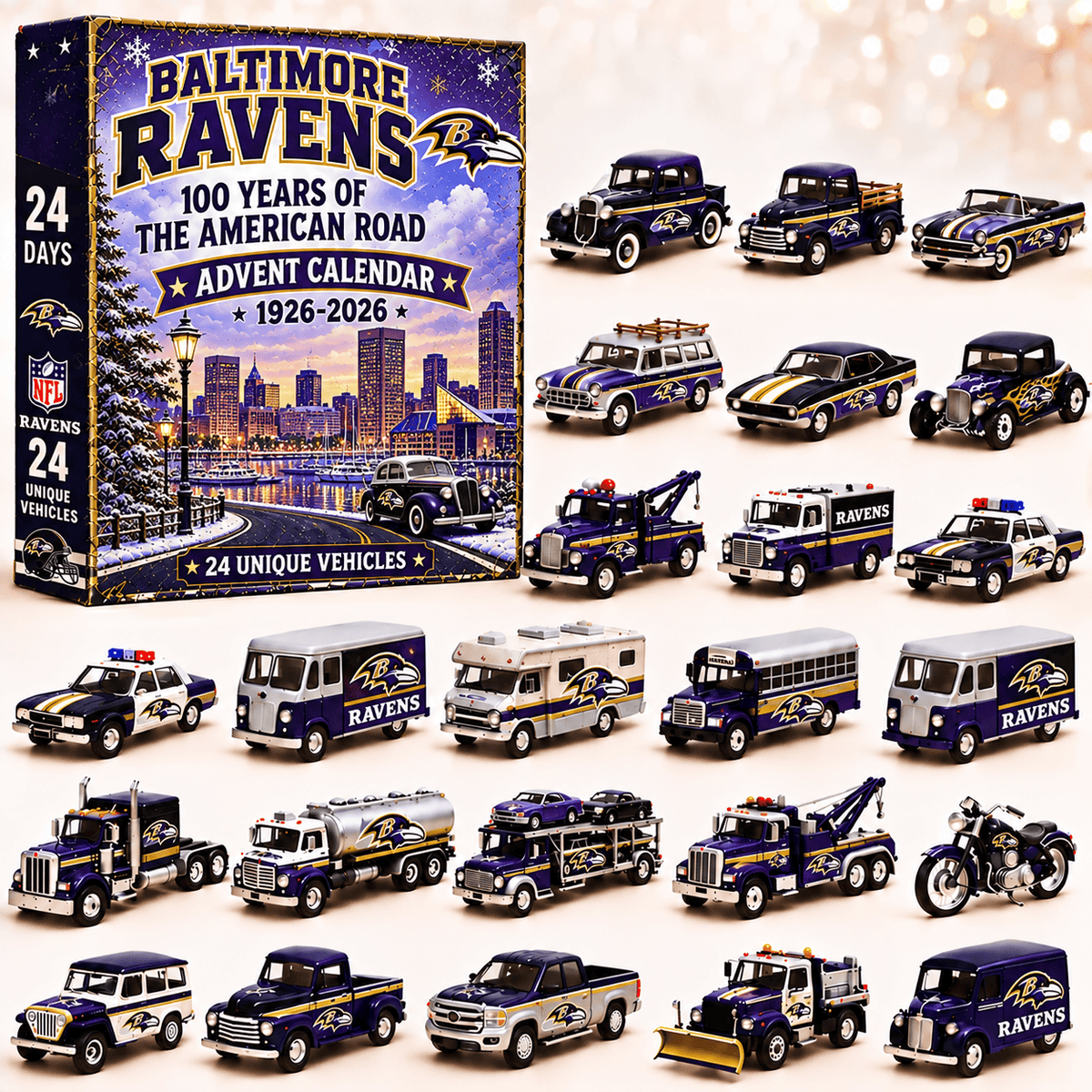 Baltimore Ravens NFL 2026 Advent Calendar – 100 Years of the American Road, 24 Collectible Vehicles, Christmas Gift for Football Fans