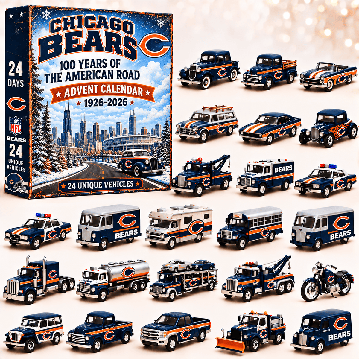 Chicago Bears NFL 2026 Advent Calendar – 100 Years of the American Road, 24 Collectible Vehicles, Christmas Gift for Football Fans
