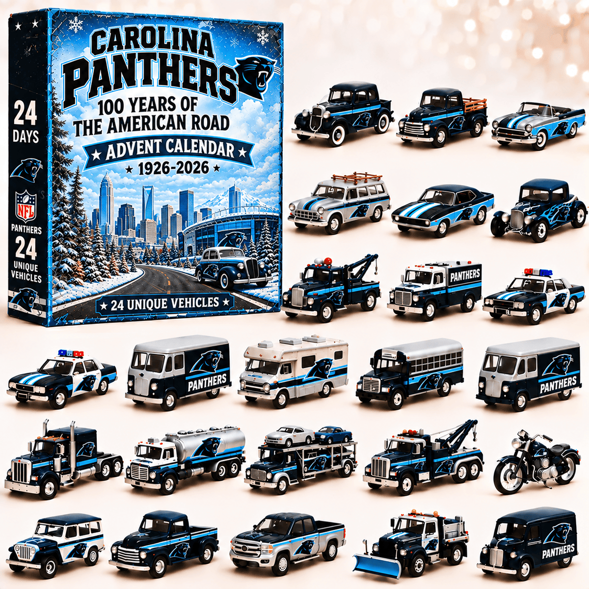 Carolina Panthers NFL 2026 Advent Calendar – 100 Years of the American Road, 24 Collectible Vehicles, Christmas Gift for Football Fans