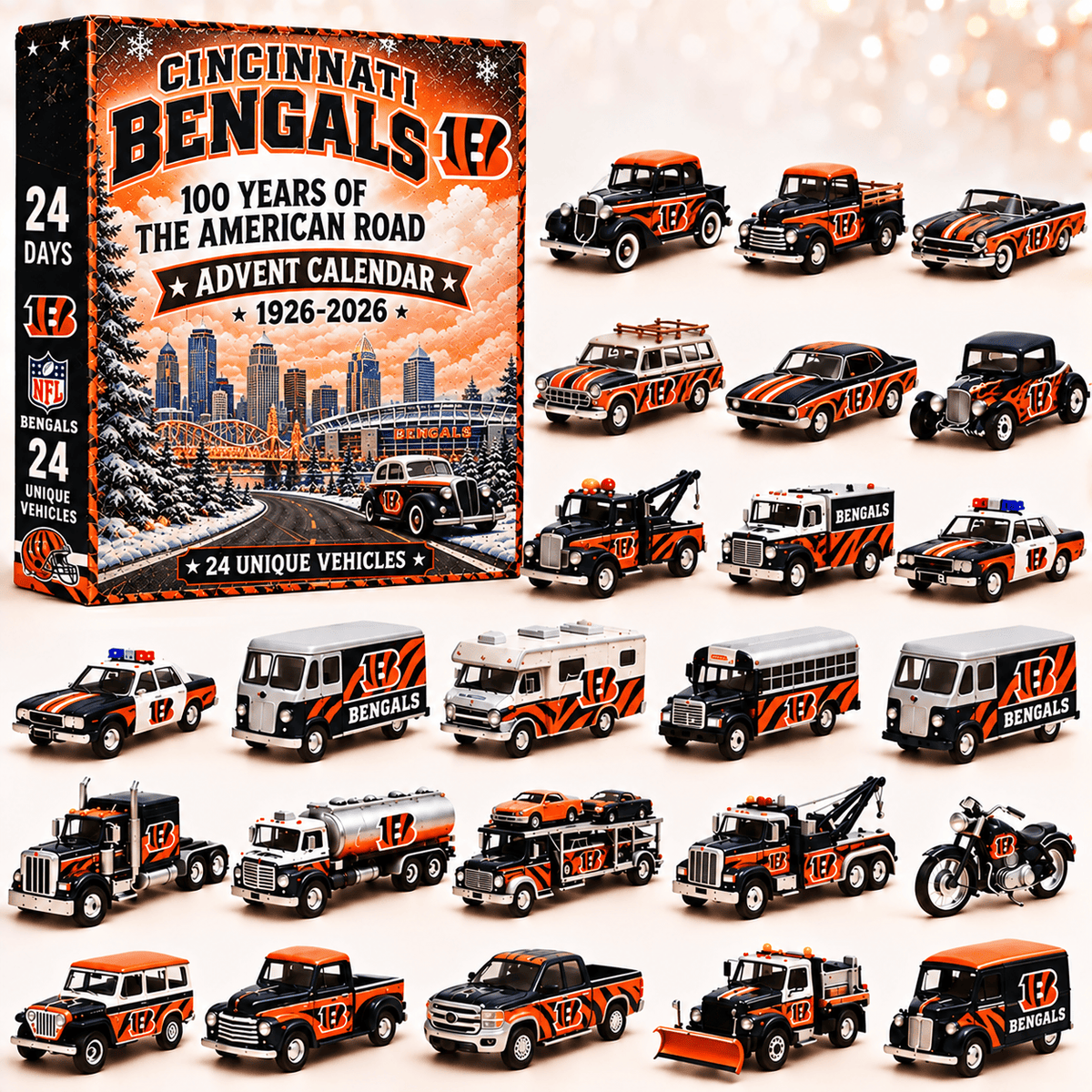 Cincinnati Bengals NFL 2026 Advent Calendar – 100 Years of the American Road, 24 Collectible Vehicles, Christmas Gift for Football Fans