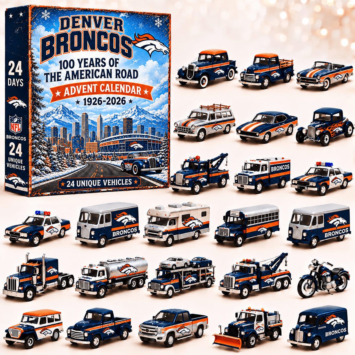 Denver Broncos NFL 2026 Advent Calendar – 100 Years of the American Road, 24 Collectible Vehicles, Christmas Gift for Football Fans