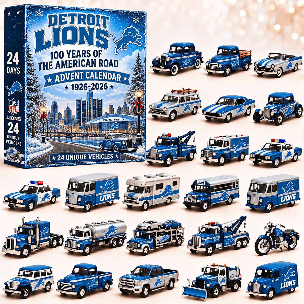 Detroit Lions NFL 2026 Advent Calendar – 100 Years of the American Road, 24 Collectible Vehicles, Christmas Gift for Football Fans