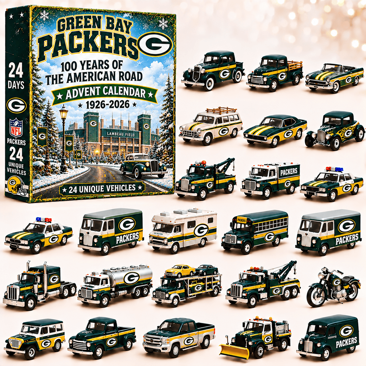 Green Bay Packers NFL 2026 Advent Calendar – 100 Years of the American Road, 24 Collectible Vehicles, Christmas Gift for Football Fans