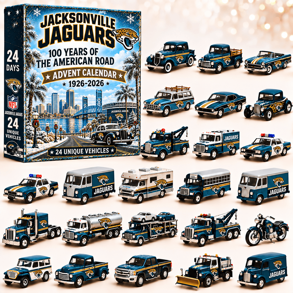 Jacksonville Jaguars NFL 2026 Advent Calendar – 100 Years of the American Road, 24 Collectible Vehicles, Christmas Gift for Football Fans