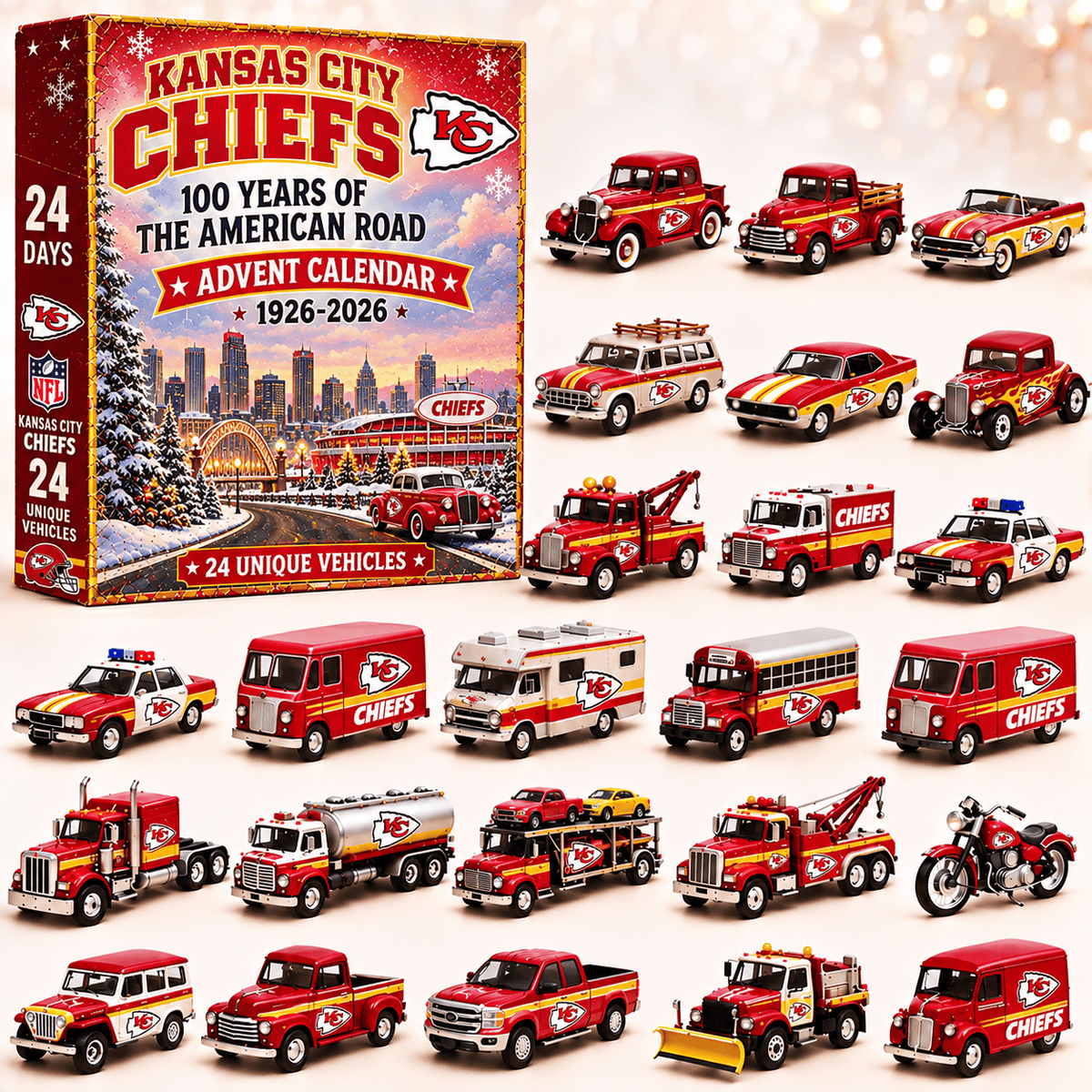 Kansas City Chiefs NFL 2026 Advent Calendar – 100 Years of the American Road, 24 Collectible Vehicles, Christmas Gift for Football Fans