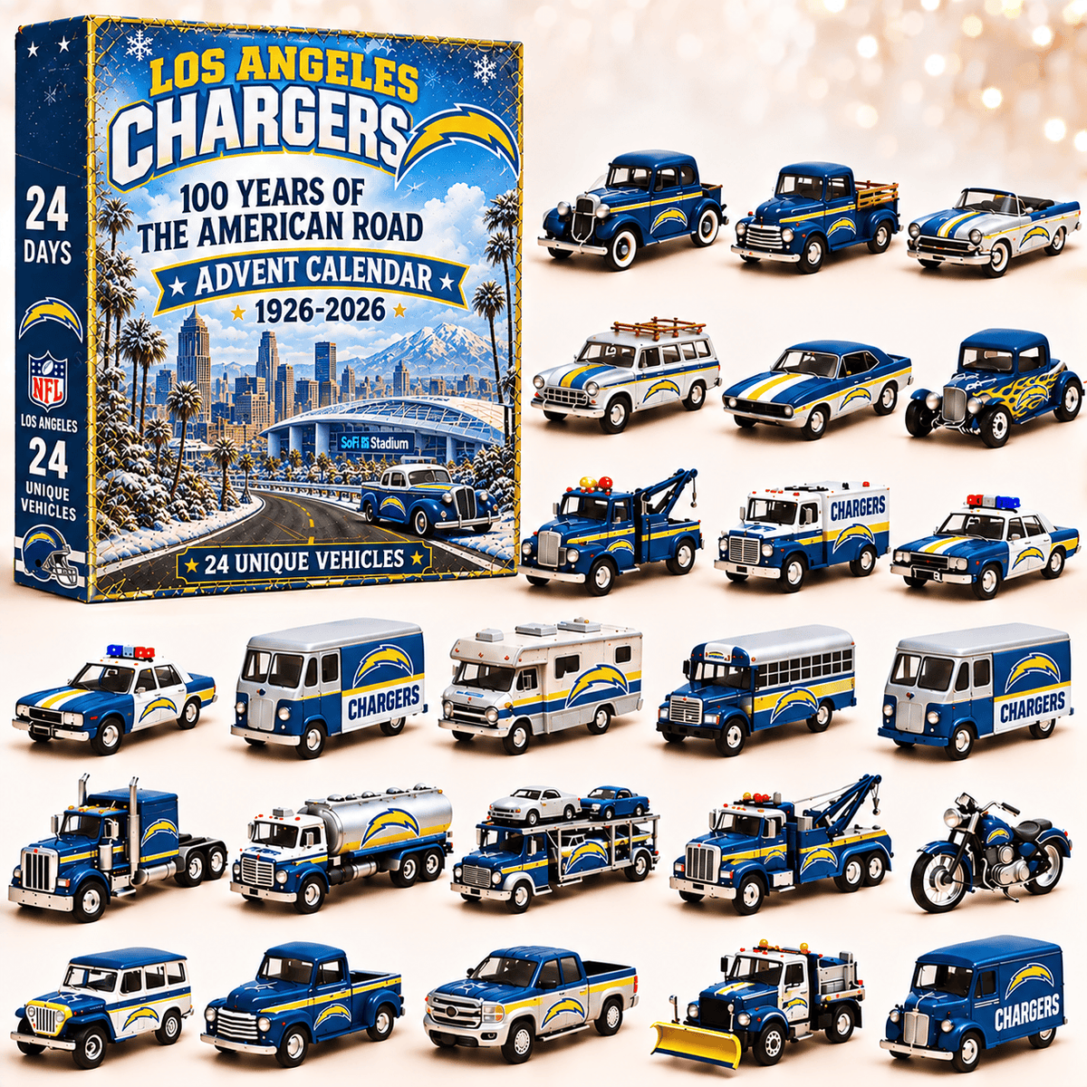 Los Angeles Chargers NFL 2026 Advent Calendar – 100 Years of the American Road, 24 Collectible Vehicles, Christmas Gift for Football Fans
