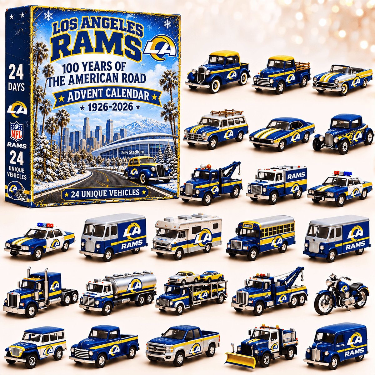 Los Angeles Rams NFL 2026 Advent Calendar – 100 Years of the American Road, 24 Collectible Vehicles, Christmas Gift for Football Fans