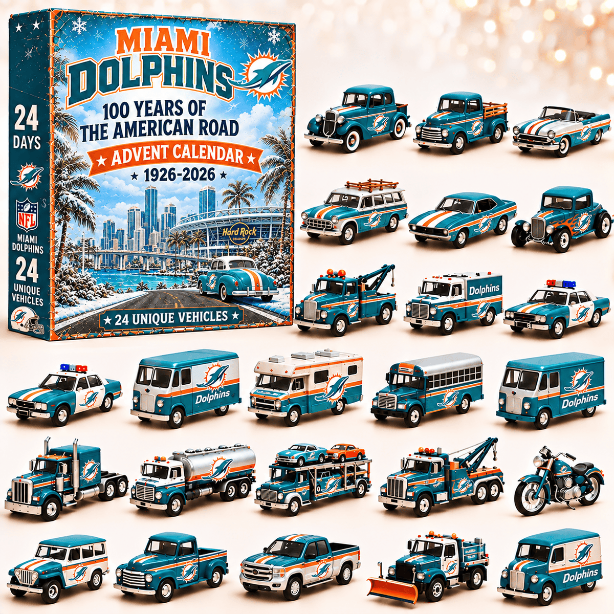 Miami Dolphins NFL 2026 Advent Calendar – 100 Years of the American Road, 24 Collectible Vehicles, Christmas Gift for Football Fans