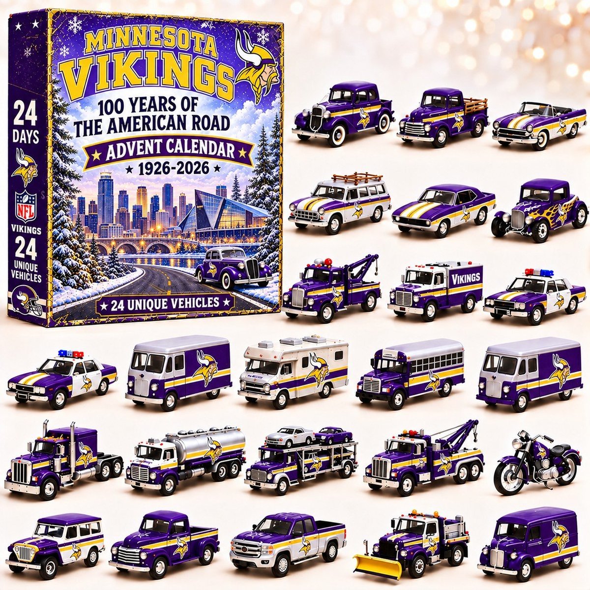 Minnesota Vikings NFL 2026 Advent Calendar – 100 Years of the American Road, 24 Collectible Vehicles, Christmas Gift for Football Fans