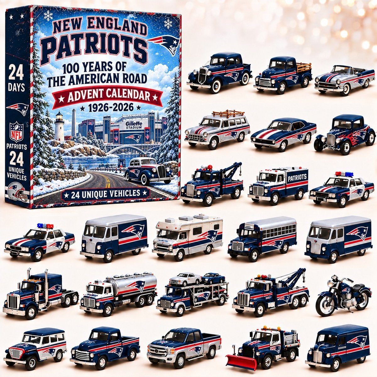 New England Patriots NFL 2026 Advent Calendar – 100 Years of the American Road, 24 Collectible Vehicles, Christmas Gift for Football Fans
